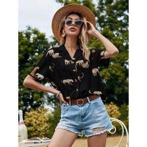 NEW SHEIN Leopard‎ Print High Neck Blouse Size S Color Black